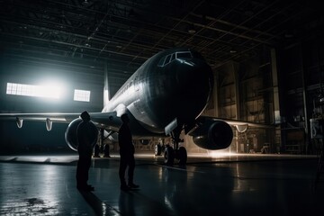 Aviation and aerospace engineers in front of airplane in a hangar, cinematic, military, generative ai - obrazy, fototapety, plakaty