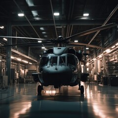 Aviation and aerospace engineers in front of helicopter in a hangar, cinematic, generative ai - obrazy, fototapety, plakaty