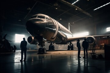 Aviation and aerospace engineers in front of airplane in a hangar, cinematic, generative ai - obrazy, fototapety, plakaty