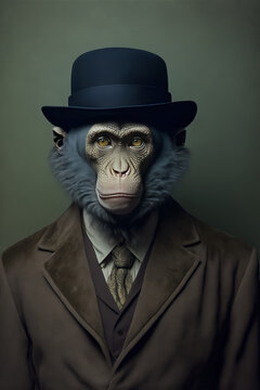 Monkey with a suit and  a hat, animal businessman, corporate working animals. generative ai