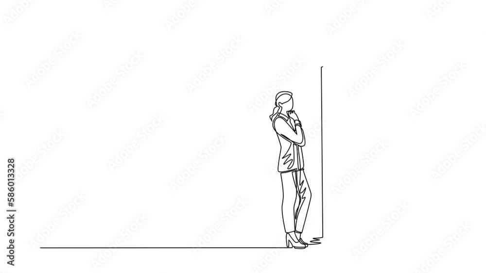 Poster animated self drawing of continuous line draw businesswoman thinking in front of big wall. abstract 