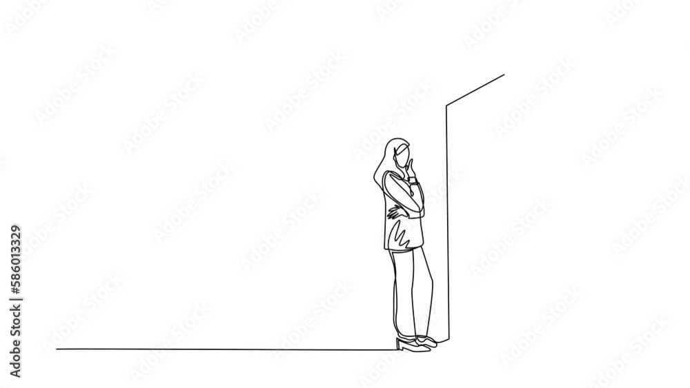 Poster self drawing animation of single line draw businesswoman thinking in front of big obstacle. represen