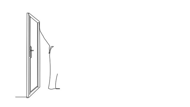 Animated self drawing of continuous line draw businessman lifts key in front of door. Man holding key to open office room door. Starting morning with spirit to work. Full length single line animation