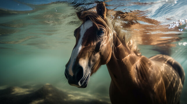 A horse is swimming under water in the bahamas.