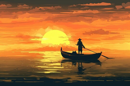 man in a boat at sunset, admiring the scenic view created with Generative AI technology