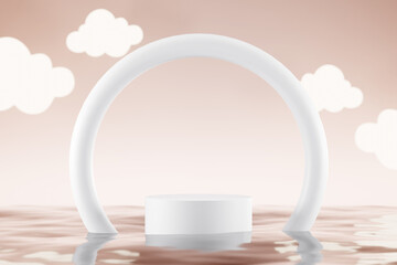 3d rendering, abstract background with pink sky and white clouds. Round white empty podium above the water with ripples. Blank showcase mockup with empty round stage