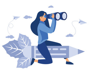 talented creative workers. girl creative artist designer flies on pencil rocket looks through binoculars looking for ideas,  flat vector modern illustration 