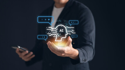 Man using hand holding an AI sign, representing the cutting-edge technology and innovation of the future. This concept symbolizes the power and potential of artificial intelligence