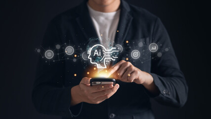 Man using hand holding an AI sign, representing the cutting-edge technology and innovation of the future. This concept symbolizes the power and potential of artificial intelligence