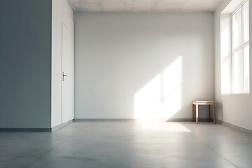 Fototapeta premium Minimalist room with blank white wall, natural soft day light with wooden chair, space for text, Nature product promotion beauty cosmetics . Nude Studio showcase for advertisement, generative ai