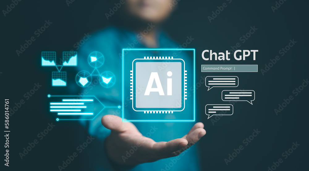 Poster chat with ai technology. man show virtual graphic global internet chatting with ai, artificial intel