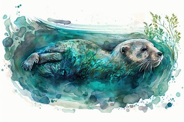 A playful otter floating on its back, with a watercolor background featuring shades of blue and green to create the illusion of water Generative AI