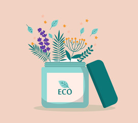 Blue jar of cream with natural ingredients vector illustration. Cartoon drawing of eco-friendly beauty product with organic ingredients. Beauty, cosmetics, ecology, nature, sustainability concept