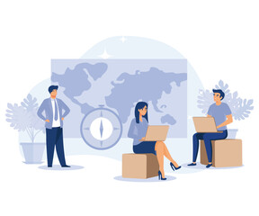 Geography concept. World map. Globalisation. Tiny people study atlas Earth.  flat vector modern illustration 