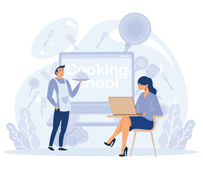 Cooking school - text on kitchen frying pan. Culinary master class online. Tiny chef in hat with kitchen tools and foods,  flat vector modern illustration 