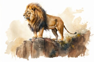 A regal lion standing on a rocky outcrop, painted with warm and golden watercolor hues  Generative AI - obrazy, fototapety, plakaty