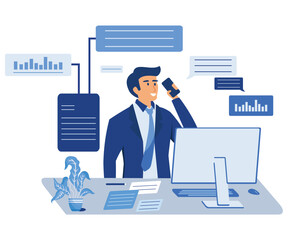 Manager speaking to client during business phone call. Work, communication with customer by cellphone. Sales agent talk on smartphone.  flat vector modern illustration  