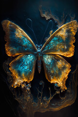 Butterfly made of Bioluminescent seaglass golden wings Generative AI