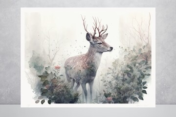 A serene deer standing in a misty forest, with delicate watercolor flowers and foliage in the background Generative AI