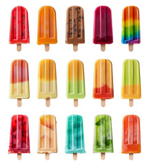 Set of isolated colorful popsicles, 
frozen juice on a transparent background. Generative AI