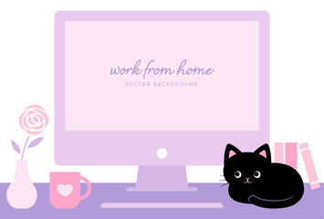 vector background with a desktop computer and a black cat sitting on the desk for banners, cards, flyers, social media wallpapers, etc.