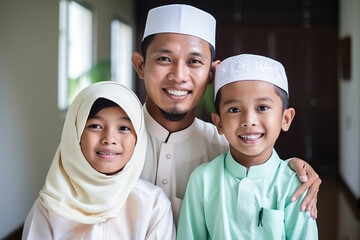 Portrait of happy muslim family with son and daughter at home during eid mubarak Hari Raya, Generative AI