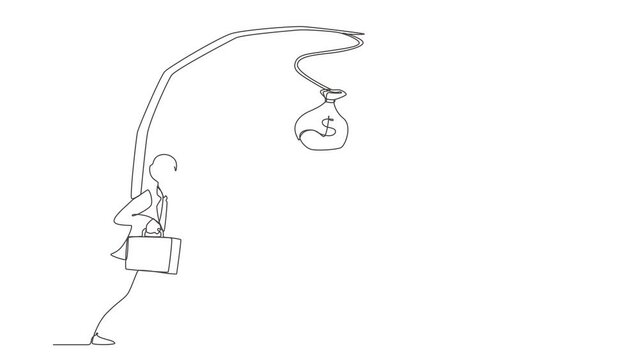 Animated self drawing of continuous line draw oblivious businessman chasing bag of money. Artwork illustration depicts foolishness, stupidity, unawareness, and decoy. Full length single line animation