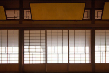 Paper sliding door made of wood and paper. of traditional Japanese houses