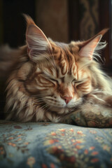 Maine Coon cat sleeping and lying on bed, AI, Generative AI