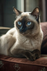 Siamese cat sitting and lying on couch looking away from camera, AI, Generative AI