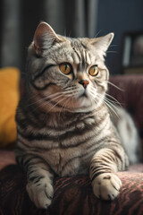 American Shorthair cat sitting and lying on couch looking away from camera, AI, Generative AI
