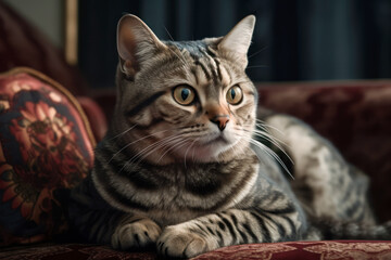 American Shorthair cat sitting and lying on couch looking away from camera, AI, Generative AI