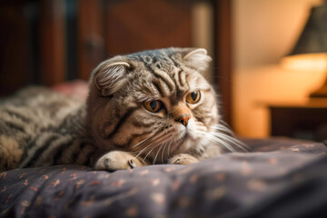 Scottish Fold cat sitting and lying on bed looking away from camera, AI, Generative AI