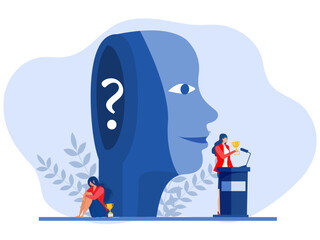 Imposter syndrome.businesswoman standing for her present profile with fear shadow Back. Anxiety and lack of self confidence at work; the person fakes is someone else concept