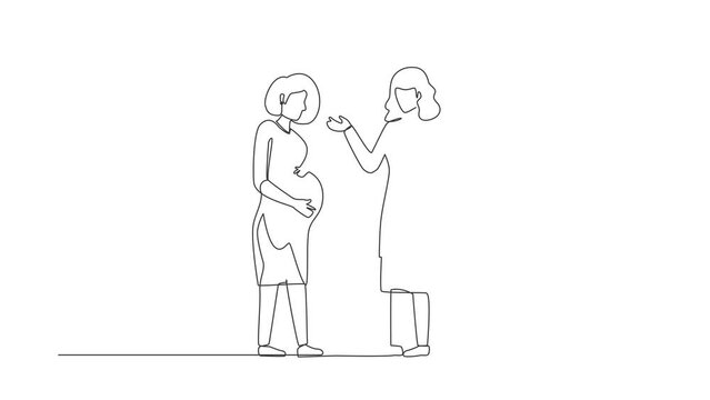Self drawing animation of single line draw pregnant woman at doctor's appointment. Woman expecting baby visits doctor's office, examination during pregnancy. Continuous line draw. Full length animated