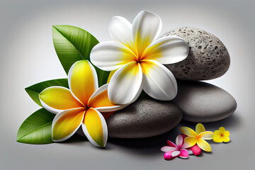 Fototapeta na wymiar Stacked hot stones for massage spa and frangipani. Generative Ai
