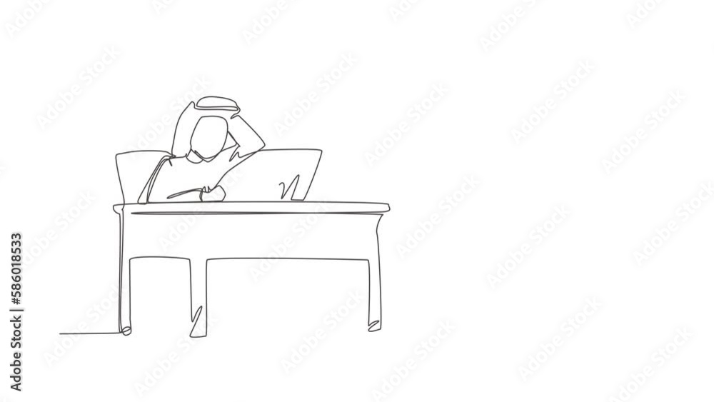 Poster animated self drawing of continuous line draw manager working on laptop. businessman with question m