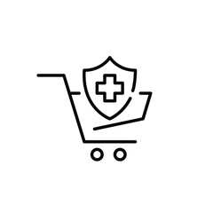 Medical insurance in a shopping cart. Cross on a shield. Health plan. Pixel perfect, editable stroke icon