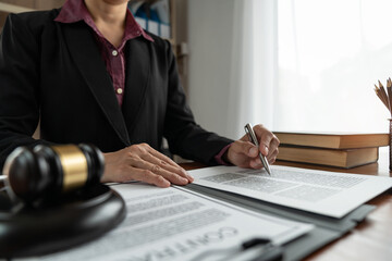 Female lawyer, legal consultant, asian businesswoman checking documents before signing venture...