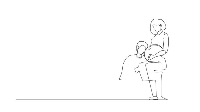 Self drawing animation of single one line draw husband kneel down and listening to his pregnant wife belly, expecting new born baby. Man hugs pregnant woman. Continuous line draw. Full length animated