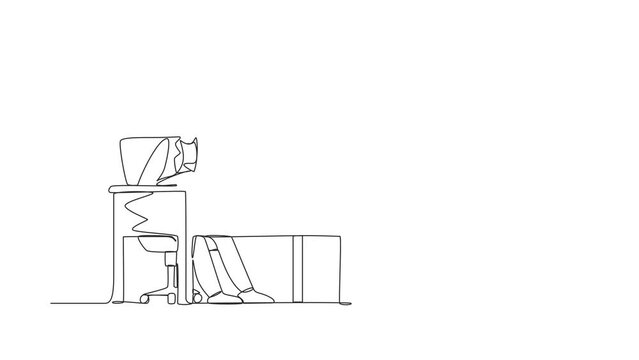 Animated self drawing of continuous one line draw female works in office. Working, typing sending messages. Table, computer flat vector. Workplace and communication. Full length single line animation