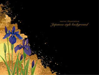 金箔を貼った和紙と青い菖蒲の花の和風背景 - obrazy, fototapety, plakaty
