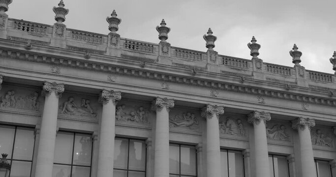 Petit Palais Exterior In Beaux-Arts Architecture, Captured In Striking Black and White. Art Museum In Paris, France. low angle, pan right