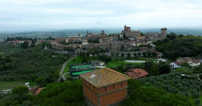 Small Medieval Village Of Lucignano In The Province of Arezzo, Tuscany Italy. Aerial Shot