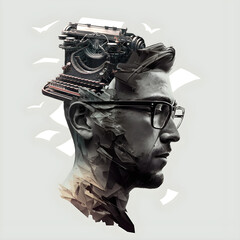 Double exposure of male silhouette and typewriter, manuscripts, sheets of paper. The image of the writer. Made with generative AI.