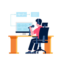 man sit working on desk for speech audio recognition translation to text artificial technology flat illustration
