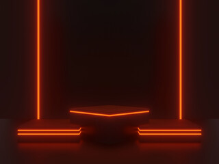 3D rendered black scientific stage with red neon lights. Geometric podium. Sci-Fi mock up.