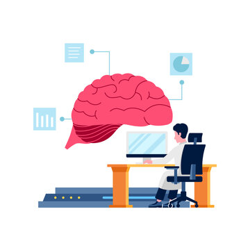 augmented brain artificial intelligence thinking interactive with engineer programming from desk automation black illustration