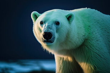 Obraz na płótnie Canvas A large polar bear close-up in the Arctic at the North Pole in the snow against a background of green northern lights in the sky with stars, polar night, generative AI