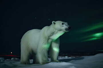 Obraz na płótnie Canvas A large polar bear close-up in the Arctic at the North Pole in the snow against a background of green northern lights in the sky with stars, polar night, generative AI